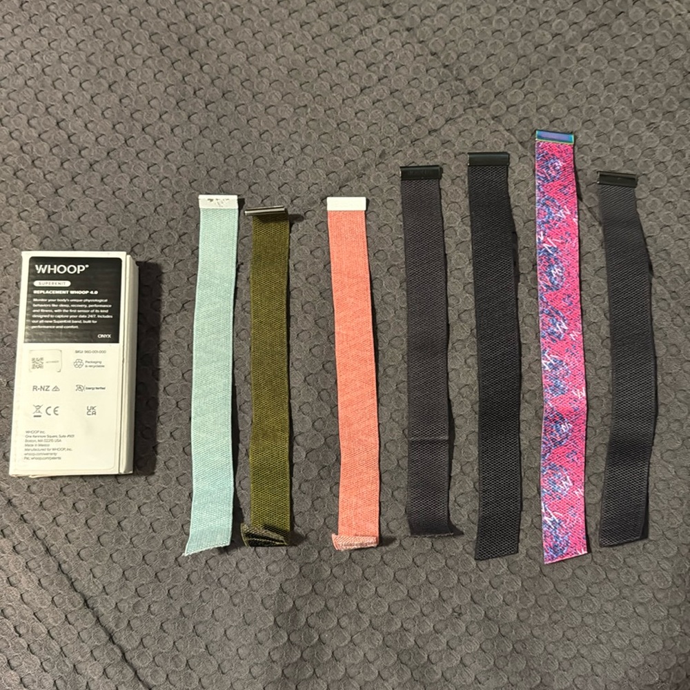 Whoop 4.0 and 7 extra assorted bands. Whoop is brand new. Bands are lightly used